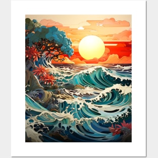 Waves ocean sunset Posters and Art